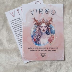 Imagen de mujer dibujada estilo acuarela, con elementos típicos del elemento Virgo. Atrás se ve una tarjeta informativa